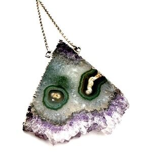 Solar Amethyst Quartz Slice Pendant Necklace Sterling Silver 16" Chain